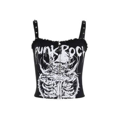 Zip-up letter print rivet applique raw hem cami top
