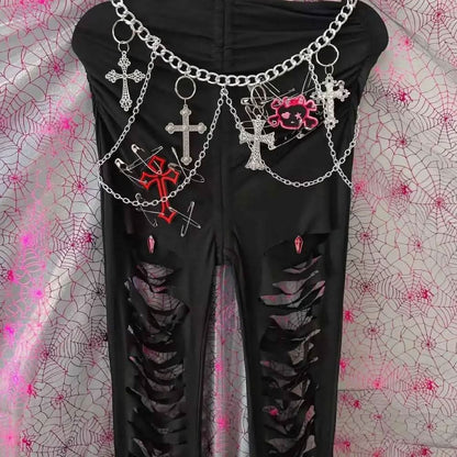 Hollow out metal chain self tie pant