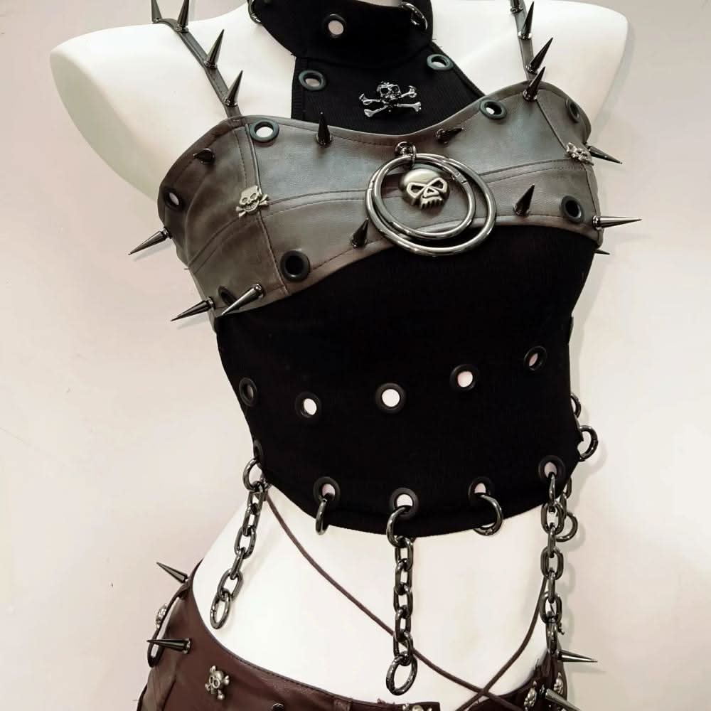 Halter PU leather o ring rivet skull short pant set