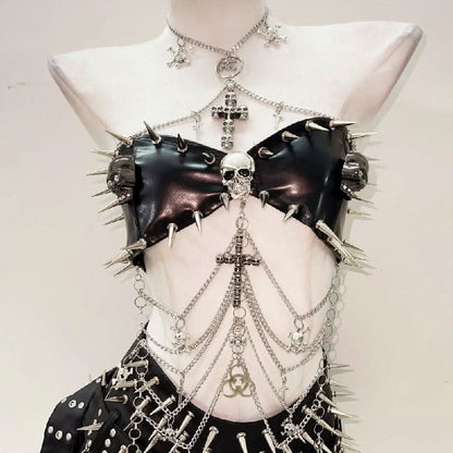 Skull rivet applique PU leather pleated mini skirt set