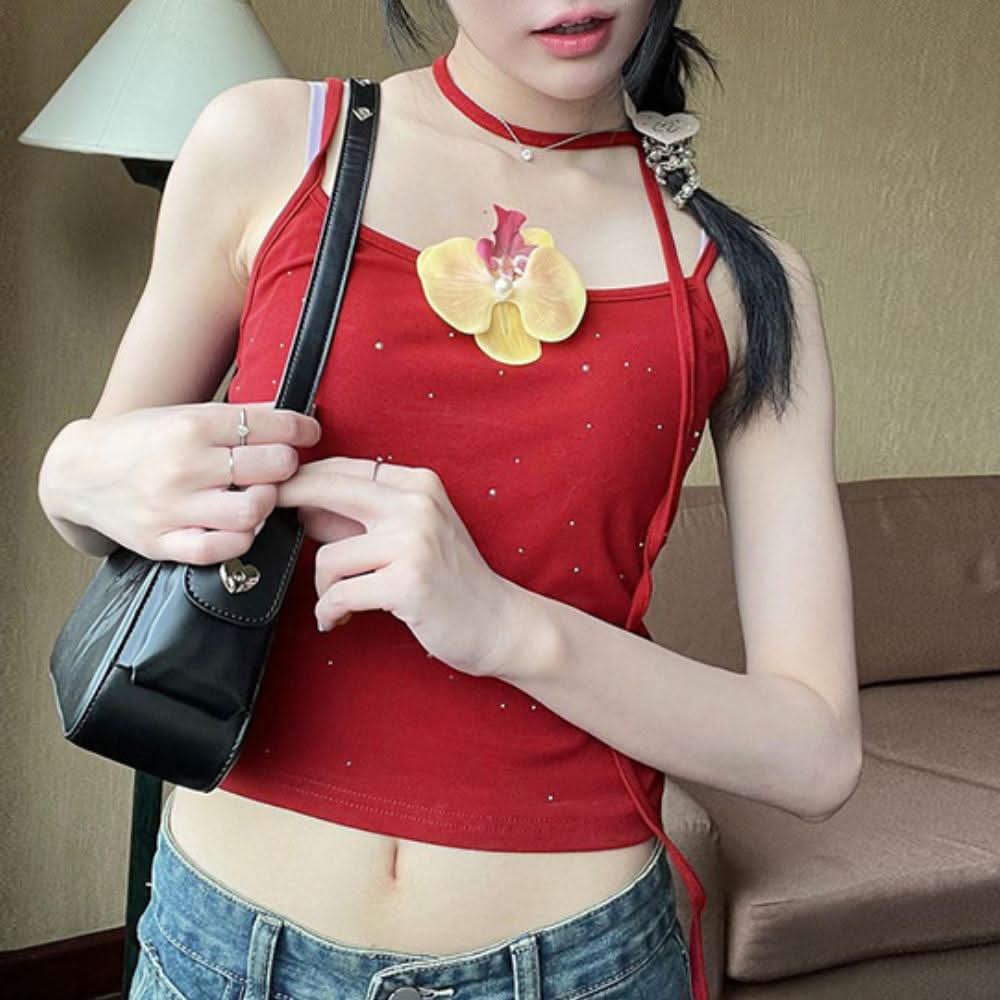 U neck gradient beaded flower applique cami top