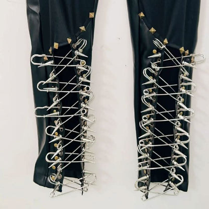 Lace up metal chain hollow out skull applique pant