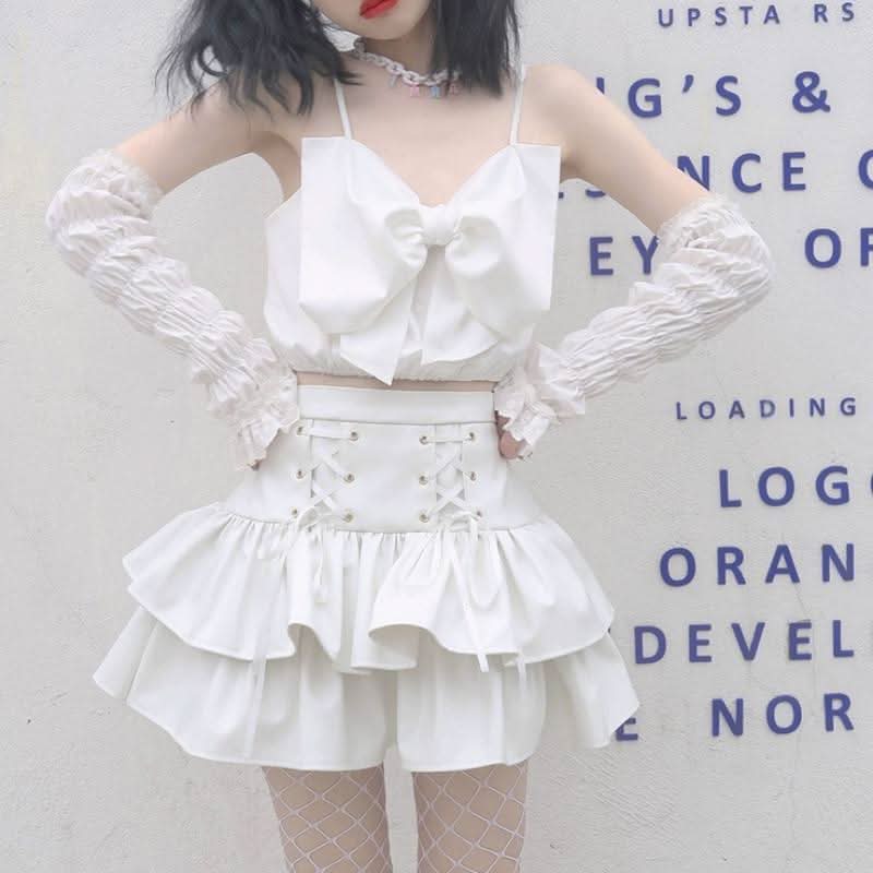 PU leather lace up ruffle mini skirt