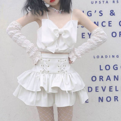 PU leather lace up ruffle mini skirt