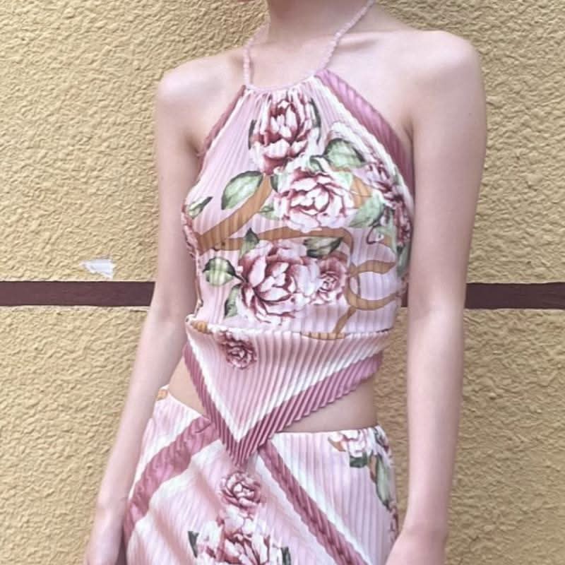 Bowknot ruffle ruched contrast flower print skirt set