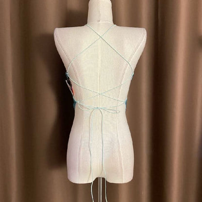 Halter glitter v neck butterfly pattern self tie crop top