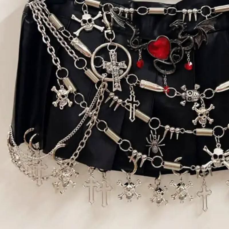 Pleated metal chain o ring black mini skirt