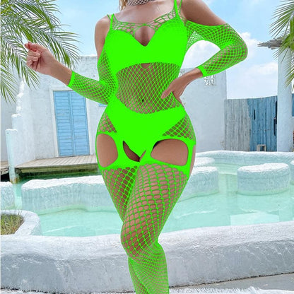 Fishnet hollow out off shoulder open crotch bodystocking