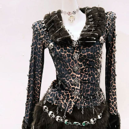 Leopard print long sleeve fluffy skull applique mini skirt set