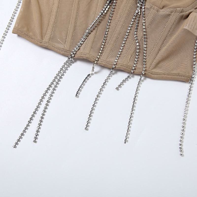 Beaded metal chain flower applique mesh tube top
