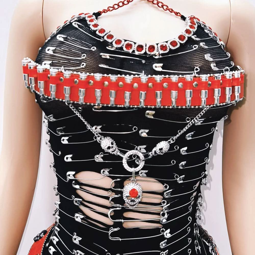 Halter hollow out metal chain cut out mini dress