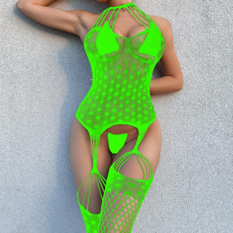 Halter fishnet patchwork net suspender strappy bodystocking