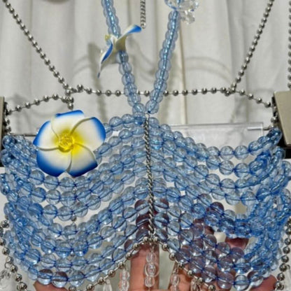 Halter beaded hollow out flower applique cami cut out top