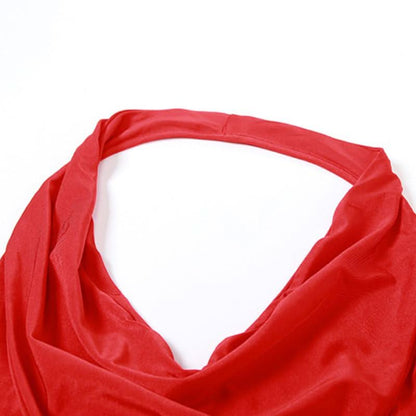 Ruched high slit cowl neck backless maxi dress