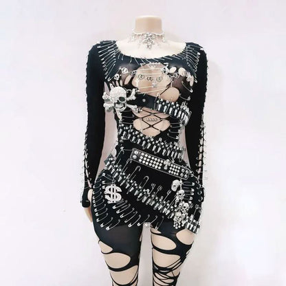 Long sleeve metal applique skull hollow out cut out mini dress