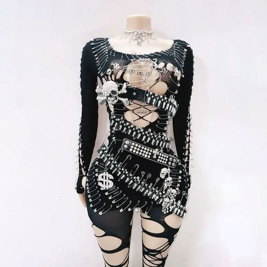 Long sleeve metal applique skull hollow out cut out mini dress