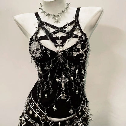 PU leather beaded skull o ring metal chain mini skirt set