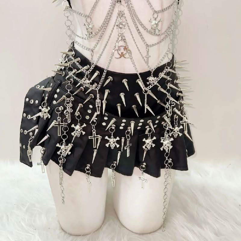 Skull rivet applique PU leather pleated mini skirt set