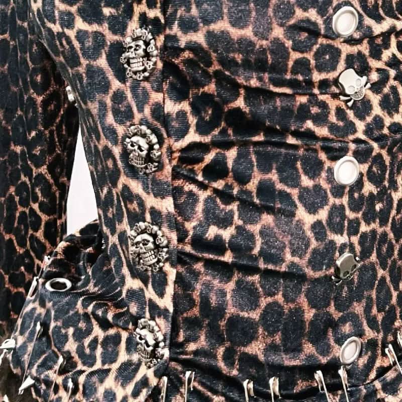 Leopard print long sleeve fluffy skull applique mini skirt set