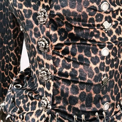 Leopard print long sleeve fluffy skull applique mini skirt set