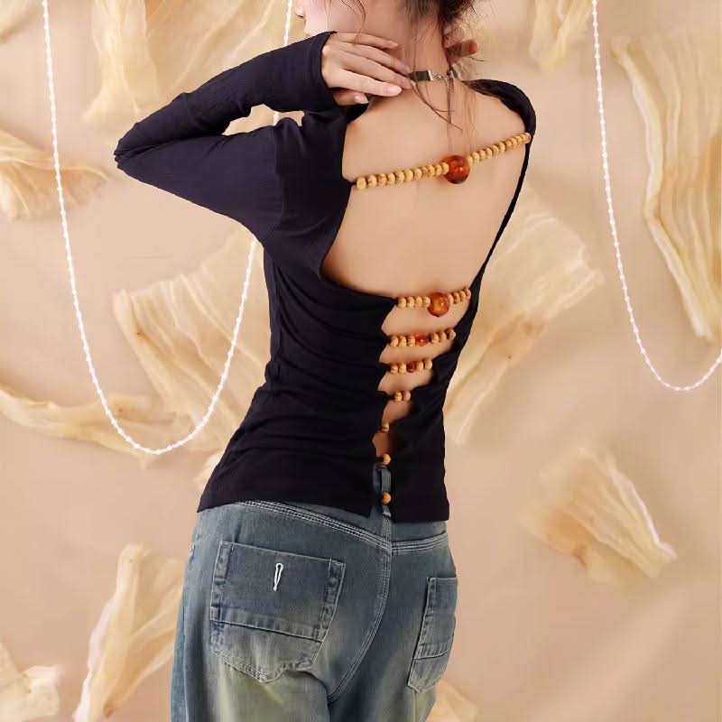 Long sleeve hollow out beaded v neck cut out top