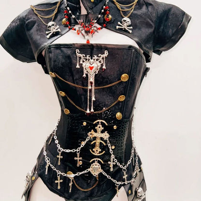Short sleeve high metal chain skull 2 piece top