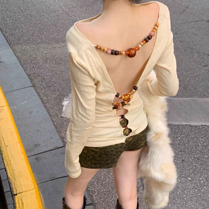 Long sleeve hollow out beaded v neck cut out top
