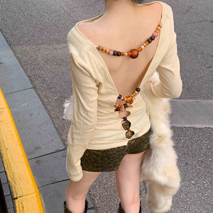 Long sleeve hollow out beaded v neck cut out top