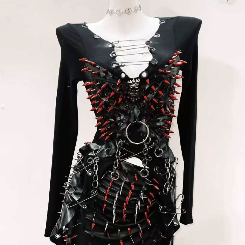 Long sleeve rivet metal chain PU leather mini skirt set