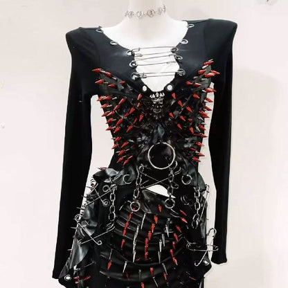 Long sleeve rivet metal chain PU leather mini skirt set