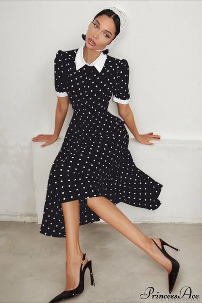 Polka Dot A Line Color Block Ruched Waist Maxi Dress