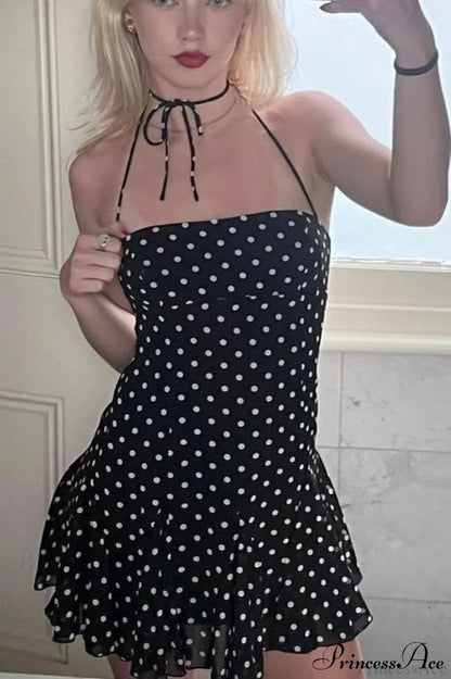 Backless Neck String Mini Polka Dot Halter Neck Backless Bodycon Mini Dress – Classylooker