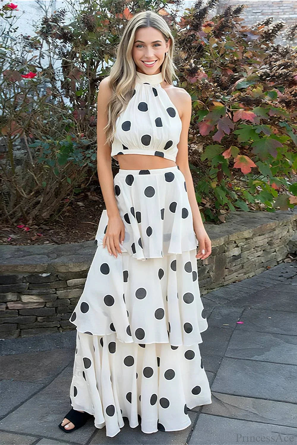 Polka Dot Halter Top Skirt Two Pieces Set