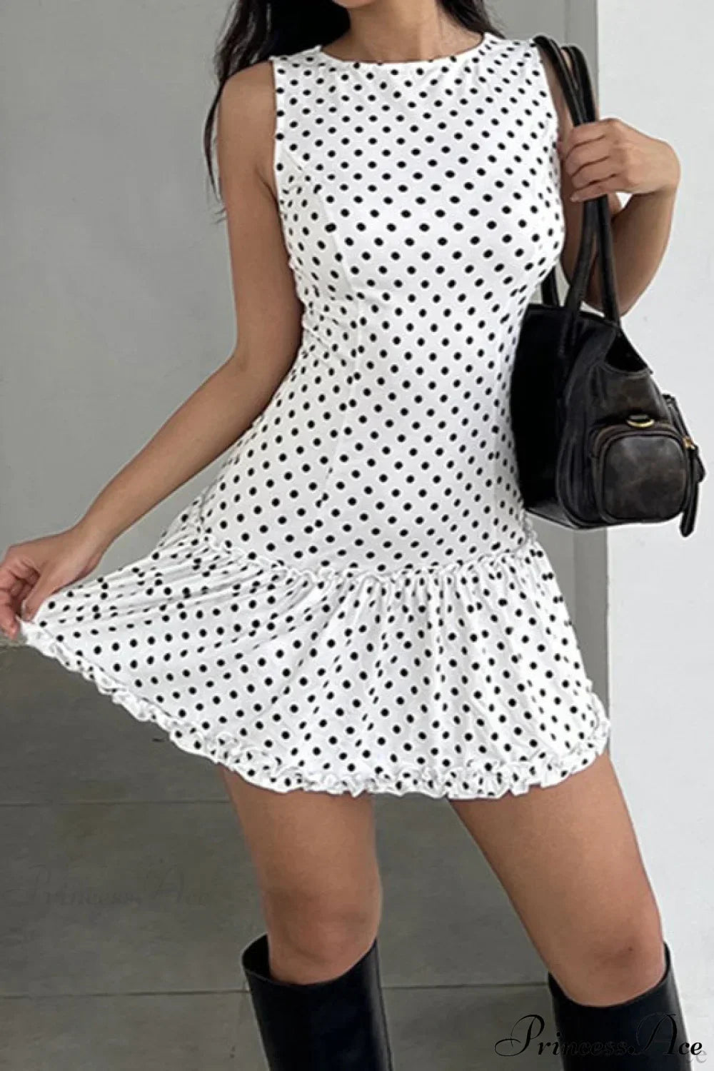 Polka Dot Sleeveless Drop Waist Ruffle Flounce Hem Mini Dress