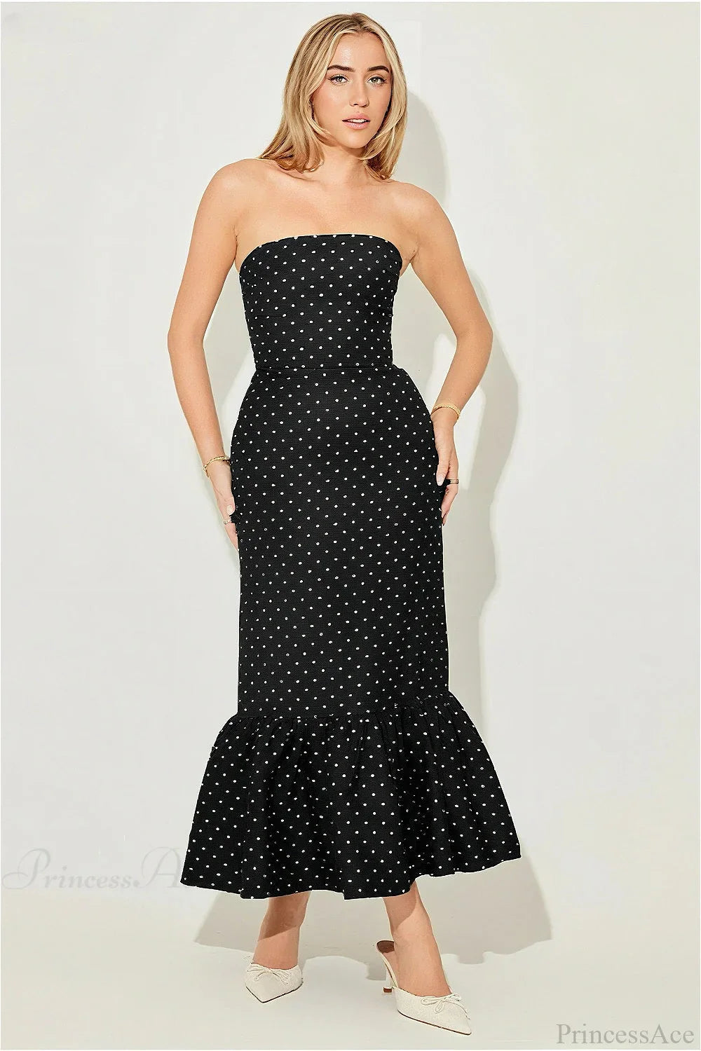 Polka Dot Off Shoulder Strapless Maxi Dress
