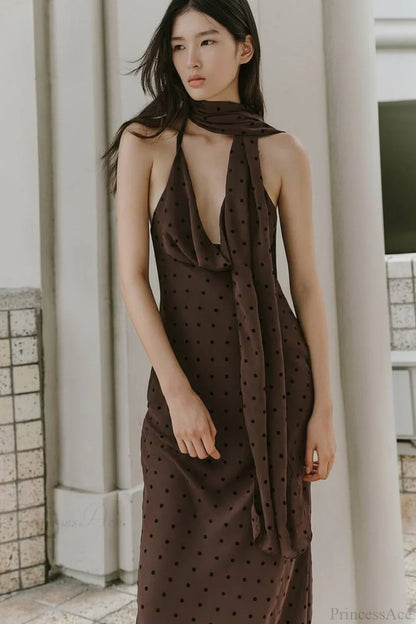Polka Dot Scarf Neck Halter Maxi Dress