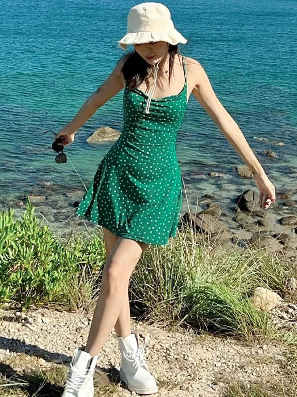 Cowl Neck Polka Dot Spaghetti Strap A-Line Mini Dress