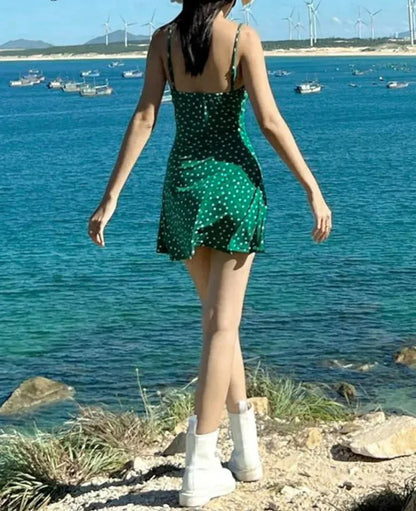 Cowl Neck Polka Dot Spaghetti Strap A-Line Mini Dress