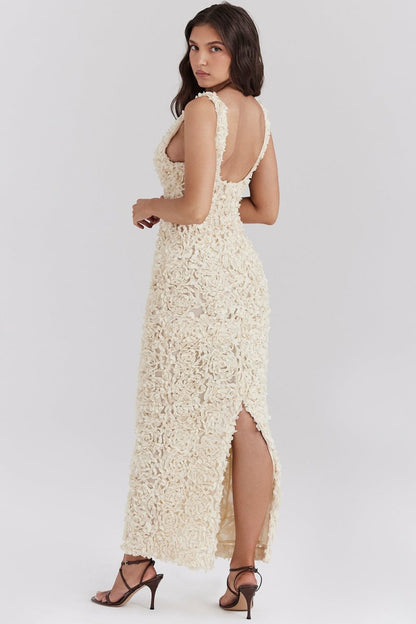 Floral Applique V-neck Maxi Mesh Dress