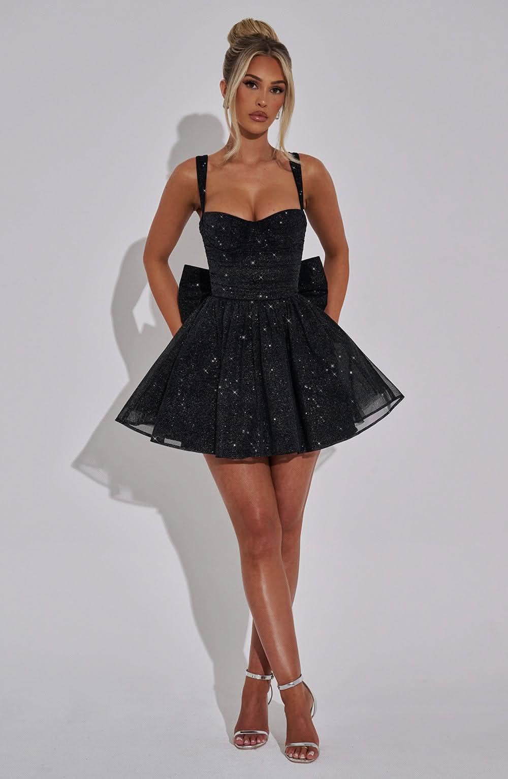 Sequin Corset Sweetheart Neckline Bow Back Fit And Flare Mini Dress
