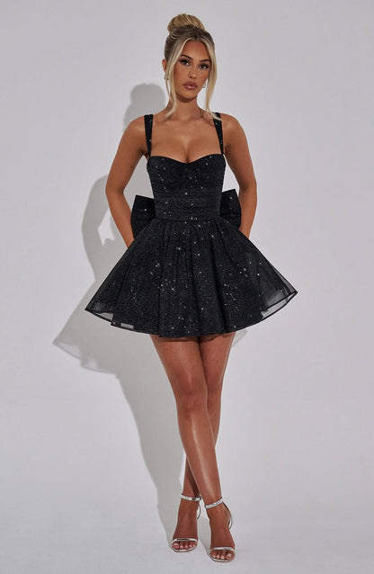 Sequin Corset Sweetheart Neckline Bow Back Fit And Flare Mini Dress