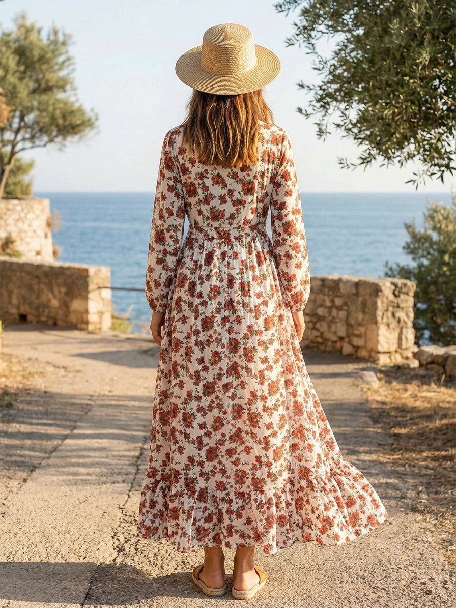 Long Sleeve Floral Maxi Gown - Pink Boho Flowy V Neck Ruffle Dress - Spring Holiday Beach 2026