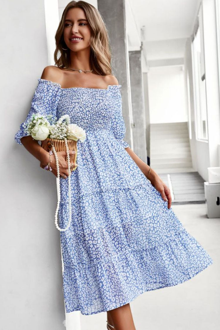 Off Shoulder Smocked Tiered Puff Sleeve Ditsy Floral A-Line Midi Dress