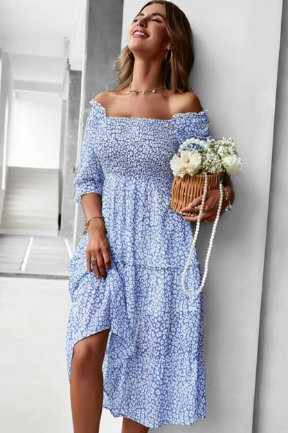 Off Shoulder Smocked Tiered Puff Sleeve Ditsy Floral A-Line Midi Dress