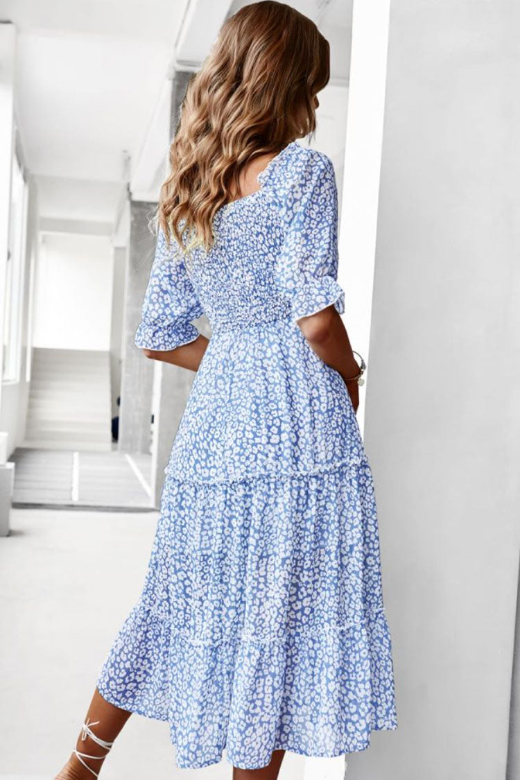 Off Shoulder Smocked Tiered Puff Sleeve Ditsy Floral A-Line Midi Dress