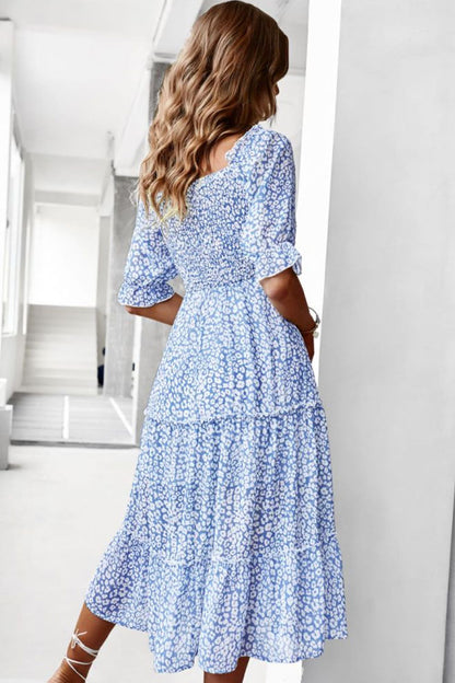 Off Shoulder Smocked Tiered Puff Sleeve Ditsy Floral A-Line Midi Dress