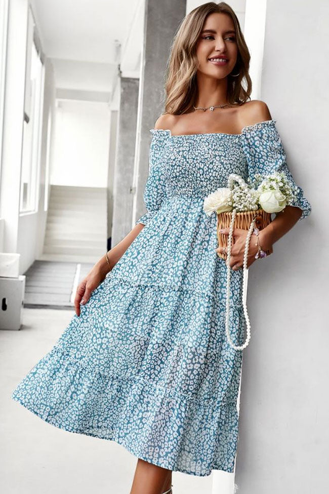 Off Shoulder Smocked Tiered Puff Sleeve Ditsy Floral A-Line Midi Dress