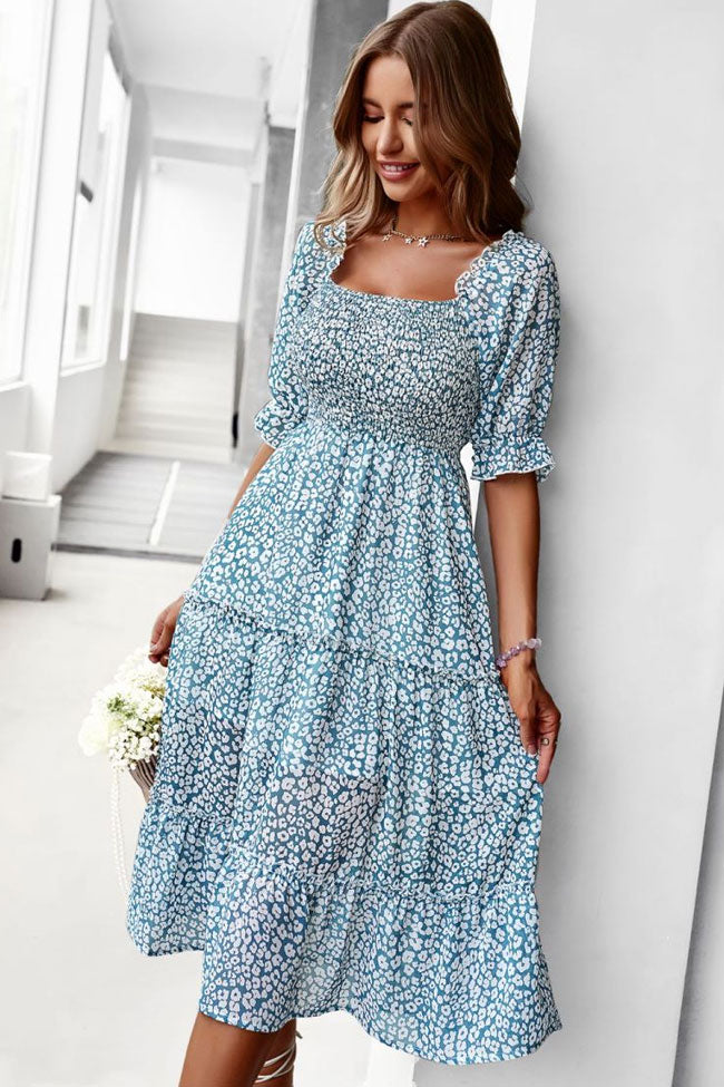 Off Shoulder Smocked Tiered Puff Sleeve Ditsy Floral A-Line Midi Dress