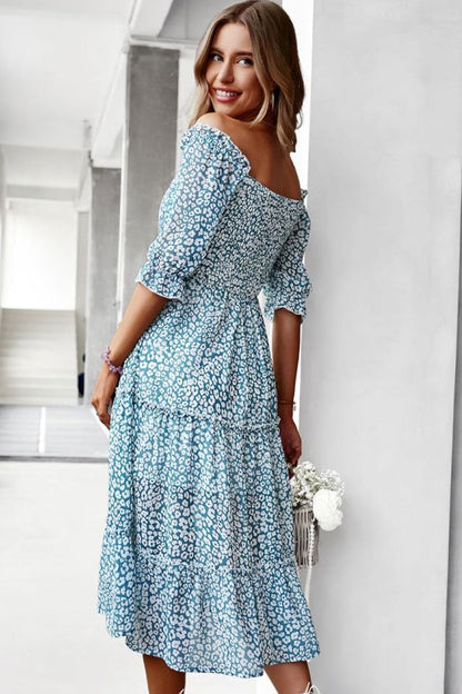 Off Shoulder Smocked Tiered Puff Sleeve Ditsy Floral A-Line Midi Dress