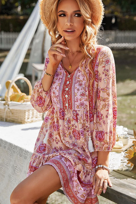 Deep V-Neck Button Front Tassel Tie Ethnic Floral Paisley Tiered Babydoll Mini Dress